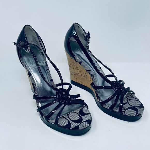 Coach Joslin Black Open-Toe Cork Heel Wedge Sandals Women's 7M - Great Condition - Picture 4 of 11